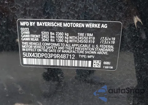 2023 BMW X3 Sdrive30I из США, поврежденный, VIN 5UX43DP03P9R48712